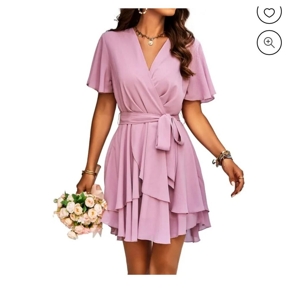 Kojooin Light Purple short dress, with Short Sleeve wrap V neck- Medium- NWT
